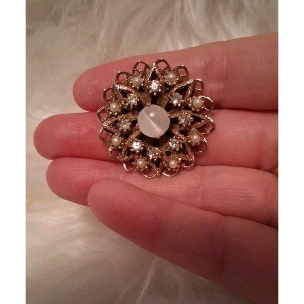 Vintage Moonstone  Rhinestones Brooch Gold Tone